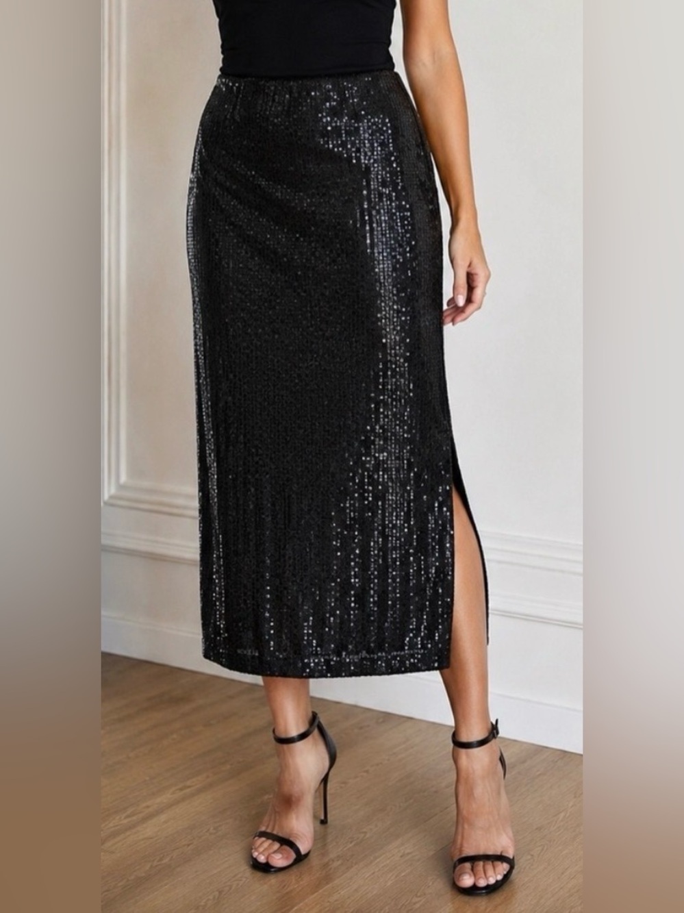 Black Sequin Side-Slit Midi Skirt